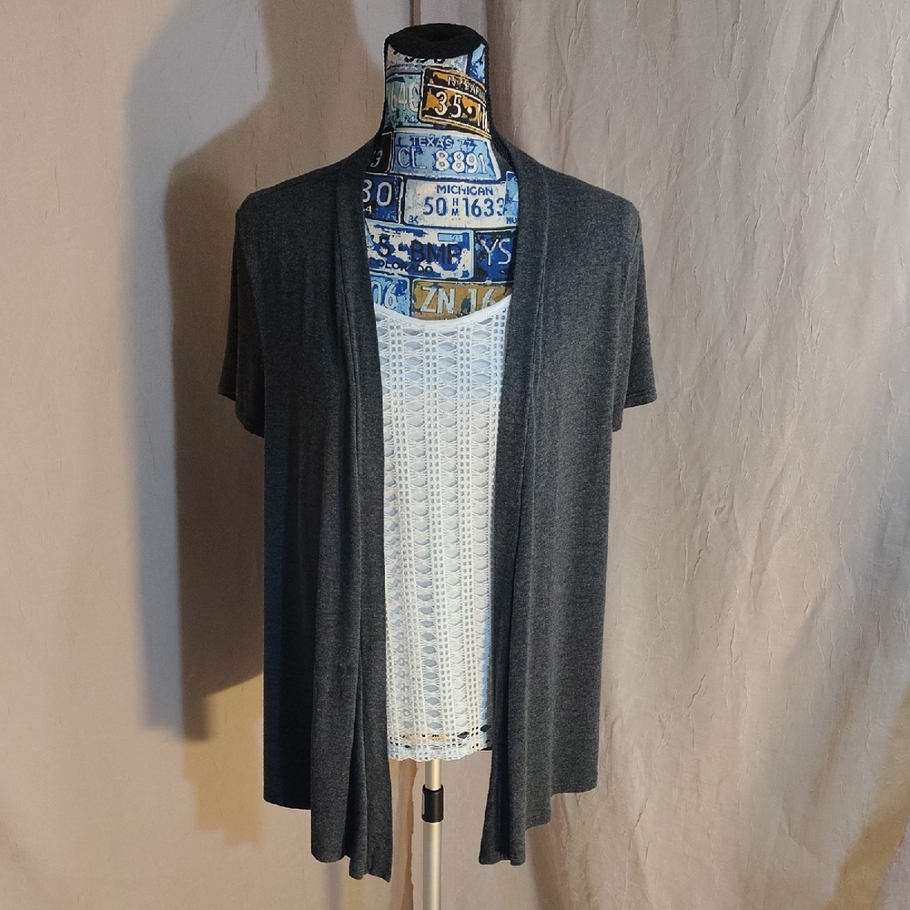 NAIF Gray Open-Front Cardigan with White Knit Top